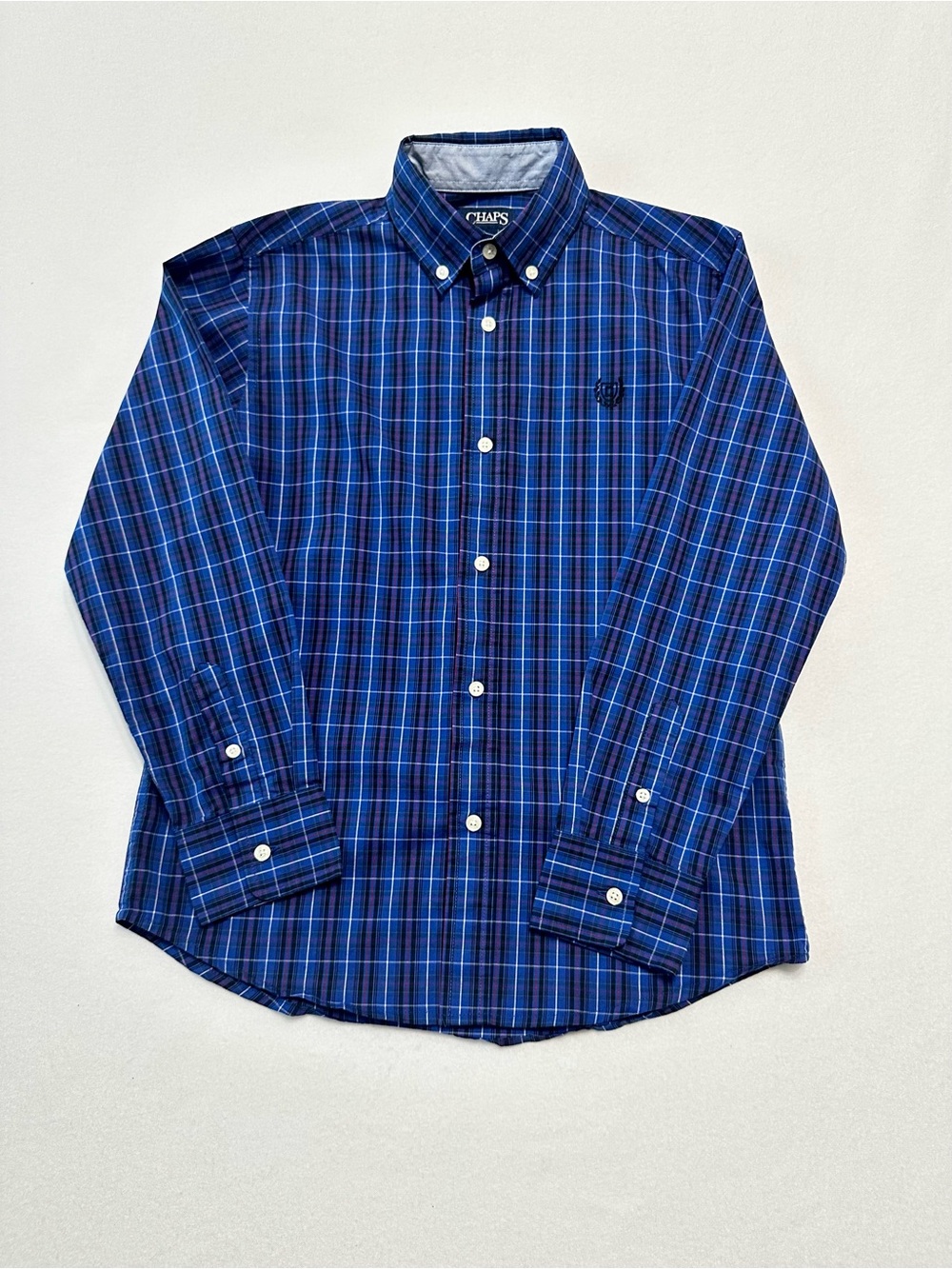 Chaps Boys Button Down Shirt Medium 10/12 Navy Royal Blue Long Sleeve Stretch
